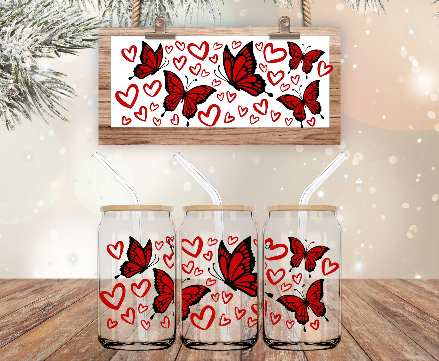 Red butterflies and hearts libbey wrap