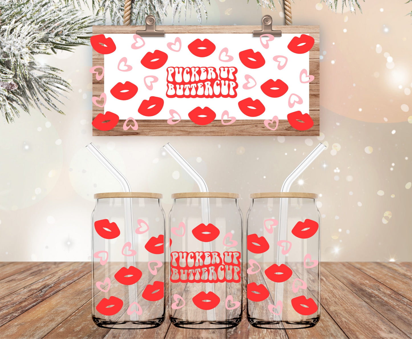 Libbey Valentine glass wrap "Pucker Up Buttercup"