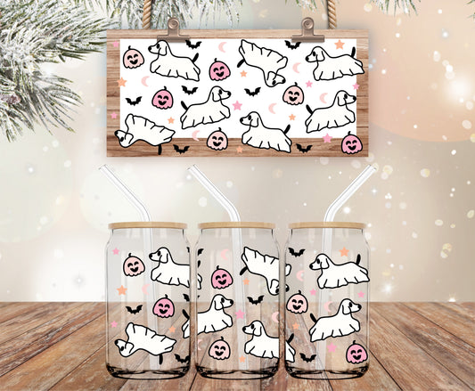 Dog ghosts with pumpkins libbey wrap