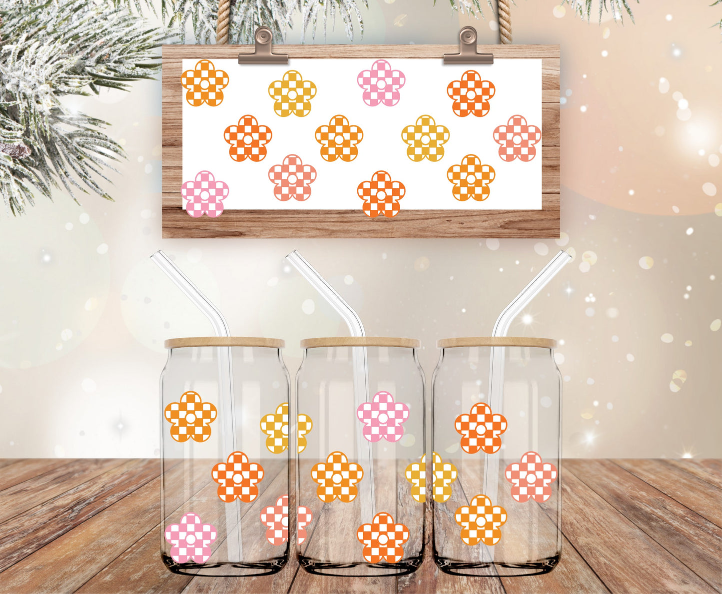 Checkered floral libbey wrap