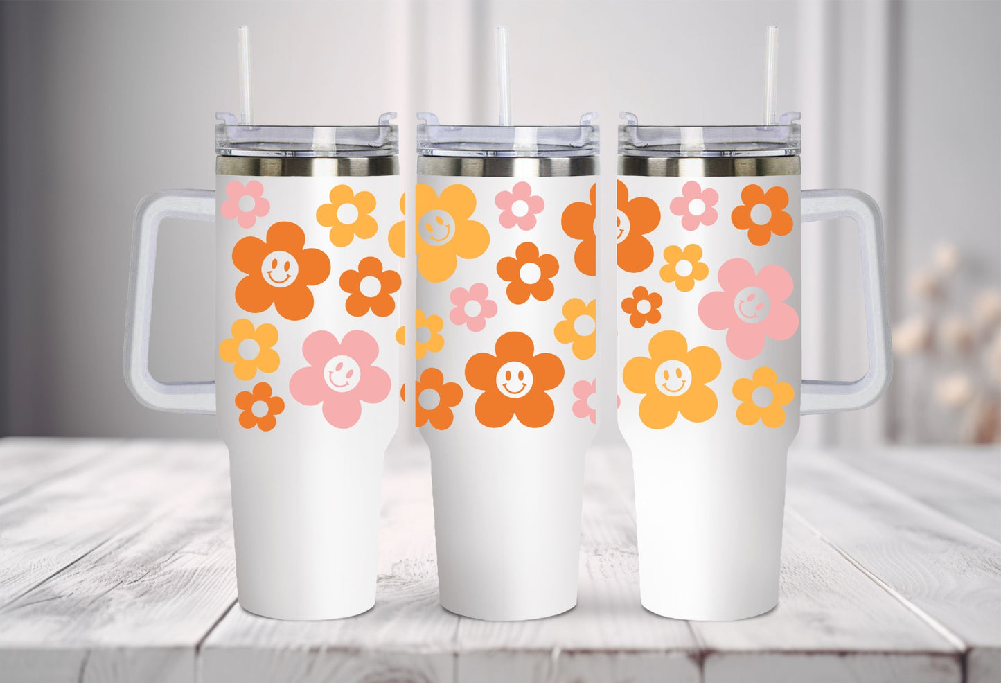 Happy face floral 40oz vinyl quencher wrap