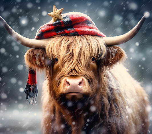 Highland cow in snow sublimation tumbler print