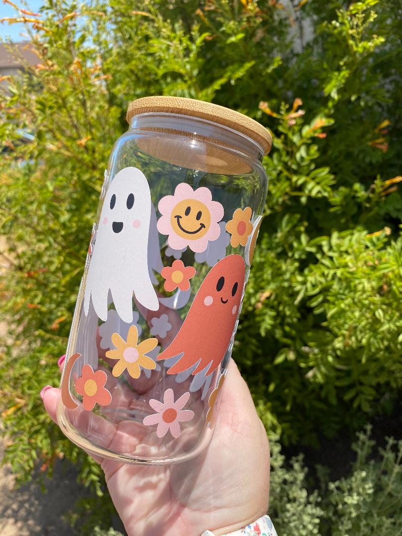 Boho happy ghosts glass cup