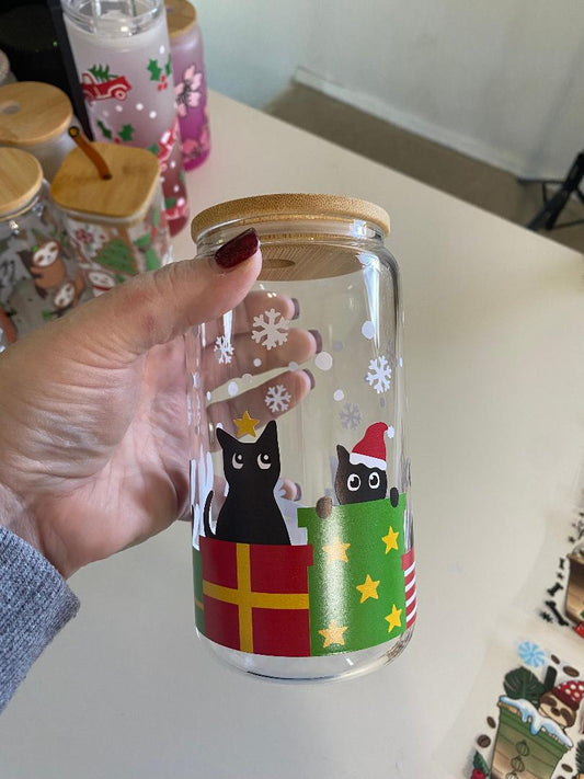 Christmas black cats glass cup  RTS