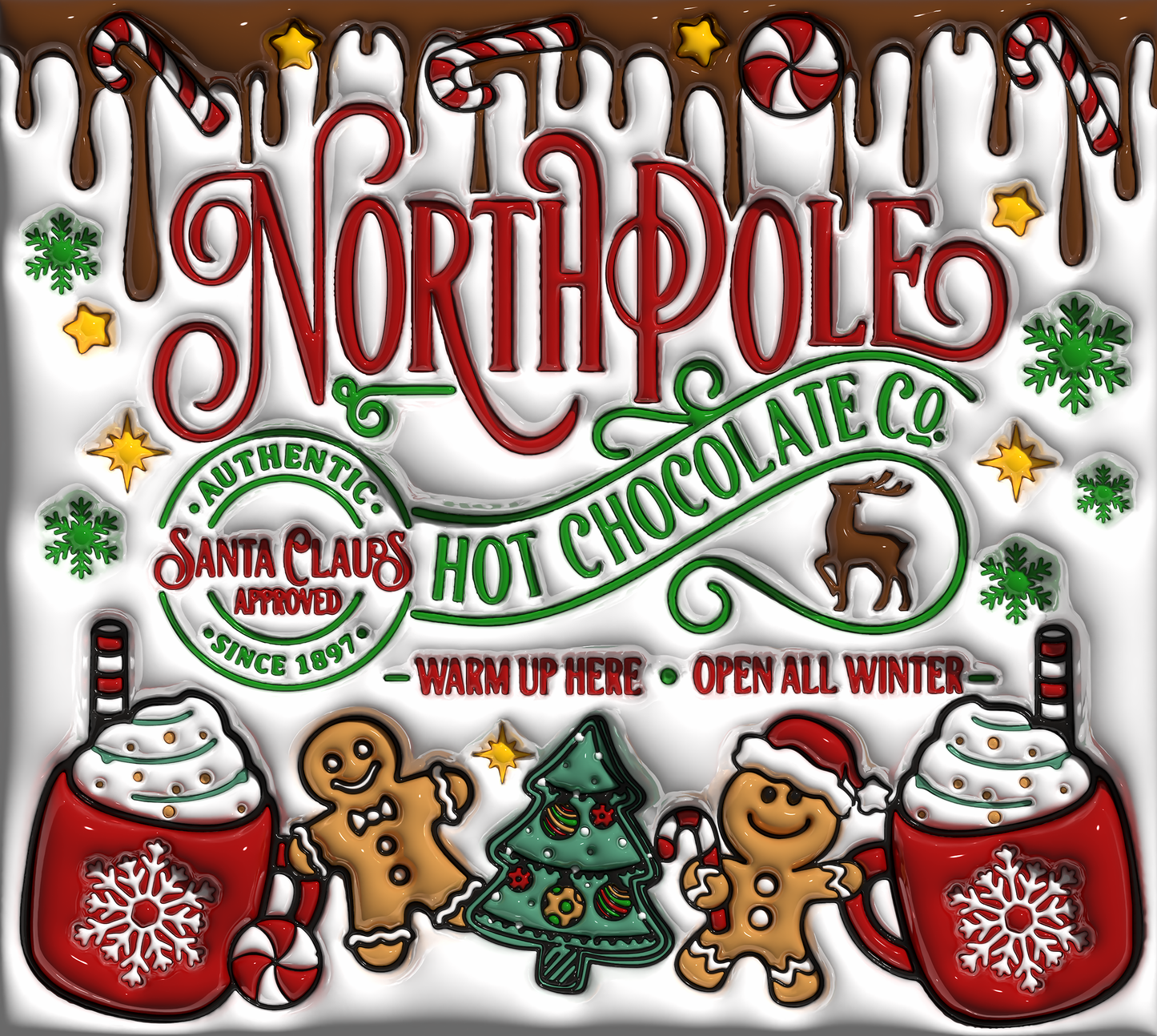 North Pole puffy sublimation transfer print