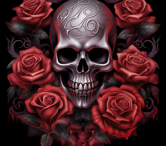 Silver skull and res roses sublimation tumbler transfer print