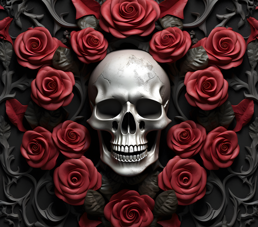 Roses and silver skull sublimation tumbler transfer print