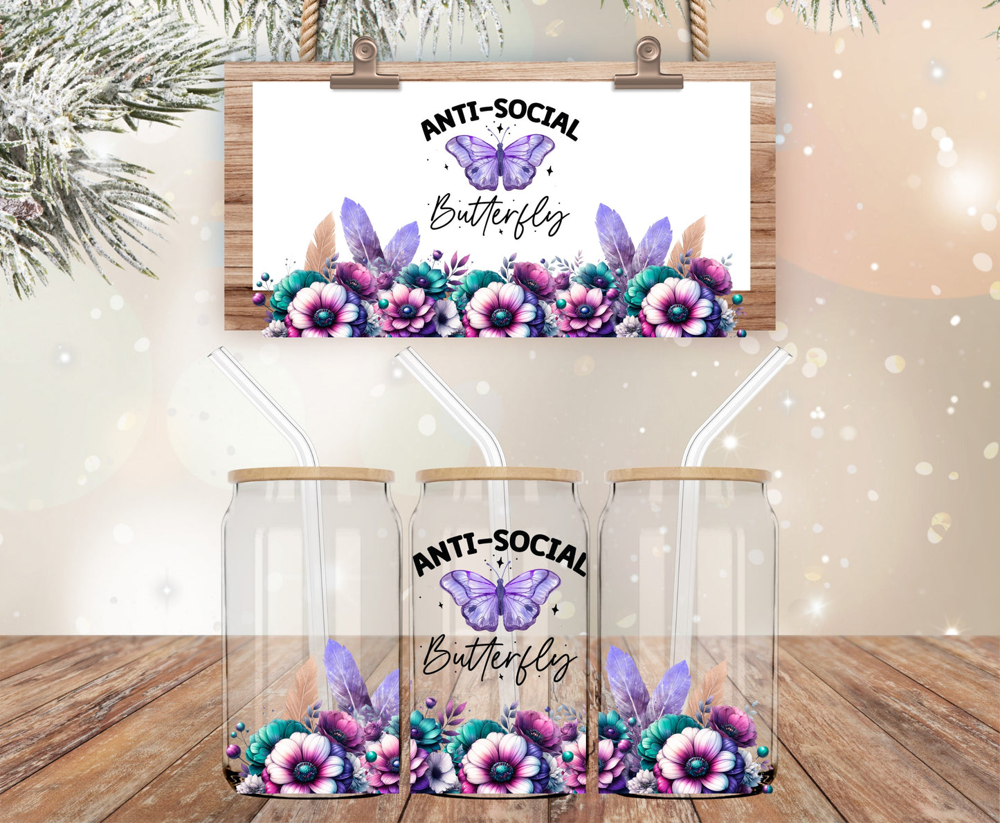 Purple anti-social butterfly UV DTF