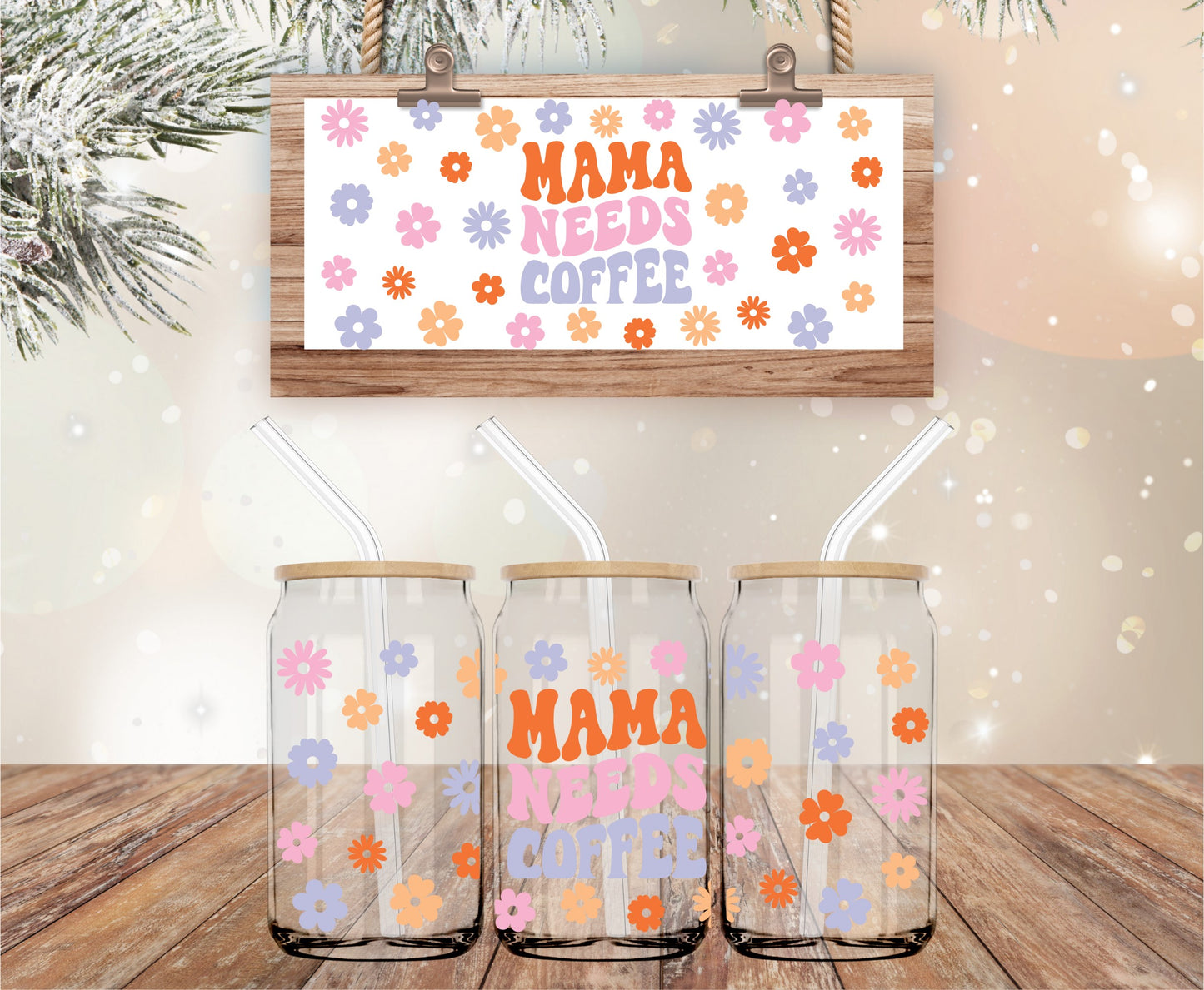 Daisies "Mama Needs Coffee" Libbey glass wrap